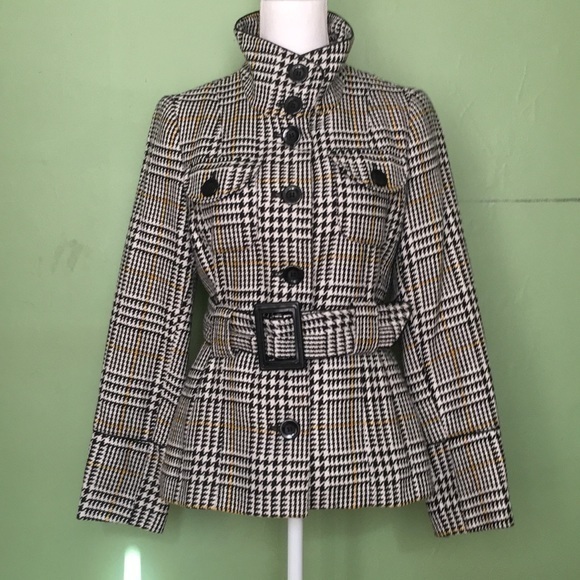 AGB belted houndstooth pea coat with yellow accent - Picture 1 of 12